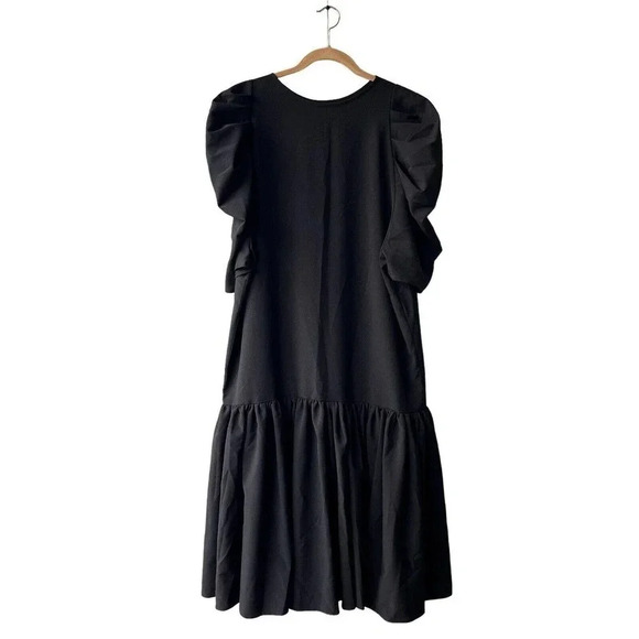 MEEM LABEL Essa Dress Women’s XL Black Crepe Draped Puff Sleeves Boat-neck Midi - Picture 4 of 6